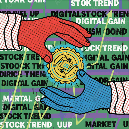 Digital Currency Global Transaction Vector Illustration. Hands Exchanging Glowing Coin