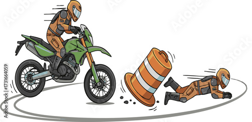 Motorcyclist avoids hitting traffic cone while another motorcyclist slides on the ground in a dangerous stunt, showing the risk of reckless driving.