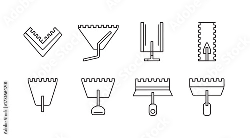 Set of eight different construction tools and equipment silhouette icons for building and renovation