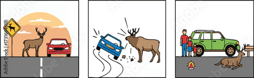 Car collides with moose on road, causing damage and injury, depicting the dangers of wildlife crossings in a cautionary tone.