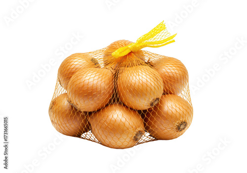 Bag of fresh yellow onions isolated on black studio shot isolated on transparent background