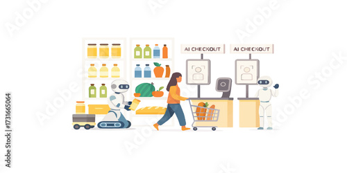 Print  Stylized vector design of an automated grocery store with AI checkout counters and robotic stockers, isolated on a bright white background.