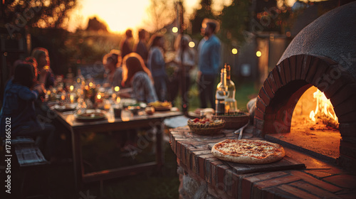 Friends enjoying an outdoor dinner party in a garden, gathering around a long table with candles at sunset, sharing a pizza just baked in a brick wood-fired oven