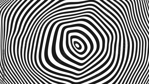 Optical Illusion Psychedelic Warped Circle Lines Texture. Abstract Geometric Background Vector Design. Black and White Modern Pattern Op Art Illustration.