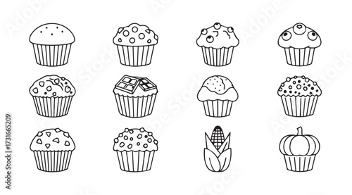 Collection of hand drawn autumn themed cupcakes and treats silhouette