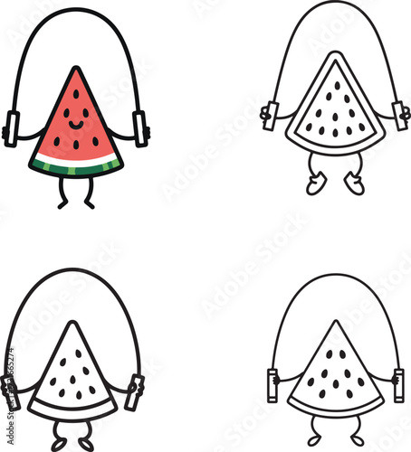 Cute watermelon character jumping rope fun fitness exercise healthy lifestyle art