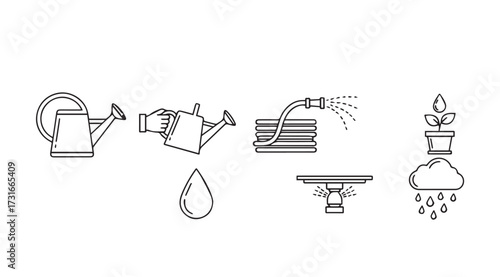 Collection of gardening and watering icons in a simple line drawing silhouette style