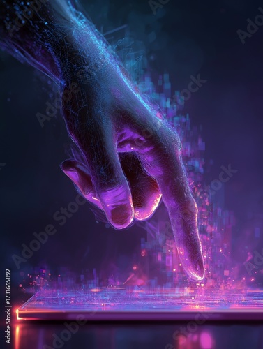 A futuristic hand interacting with a digital interface, emitting vibrant colors and data, symbolizing technology and innovation.