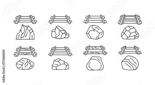 Collection of hand drawn rock and wooden fence elements in a simple outline silhouette style