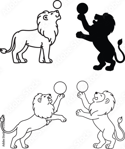 Playful lions performing with balls in a whimsical art style