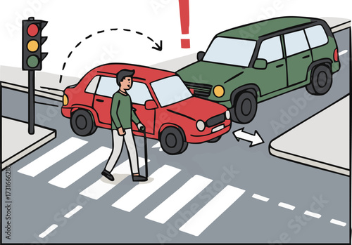 Pedestrian crossing street gets hit by car at intersection due to distracted driving, showing the dangers of ignoring traffic signals.