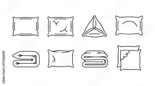 Collection of various pillows and folded blankets in a simple line art silhouette style