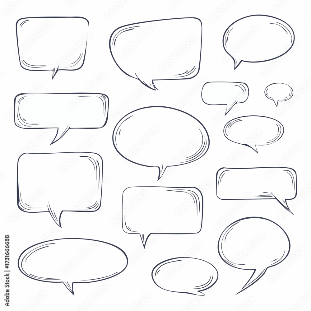 Fototapeta premium Speech bubble doodle talk set. Hand drawn comic doodle style dialog balloon, thought cloud speech bubble element pack. Cartoons speak of conversation elements.
