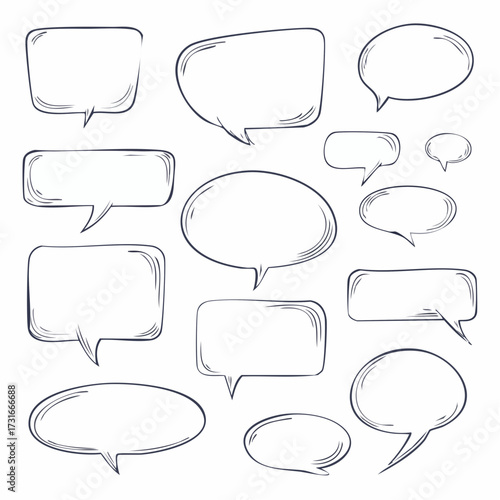 Speech bubble doodle talk set. Hand drawn comic doodle style dialog balloon, thought cloud speech bubble element pack. Cartoons speak of conversation elements.