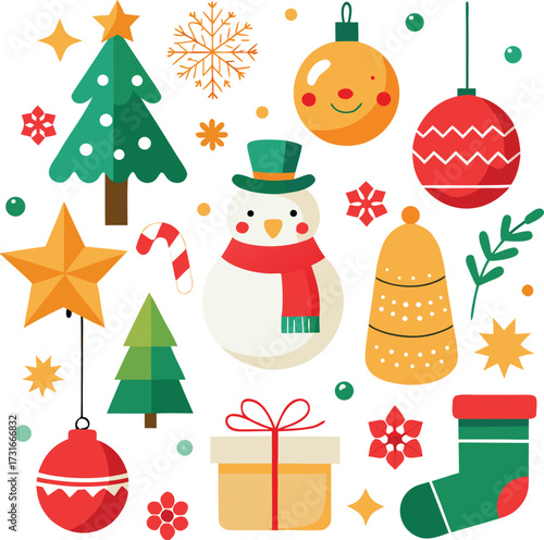 Vector art of a delightful assortment of festive christmas icons, including a cheerful snowman, decorated trees, ornaments, stars, snowflakes, gifts, and a stocking, all presented on a plain