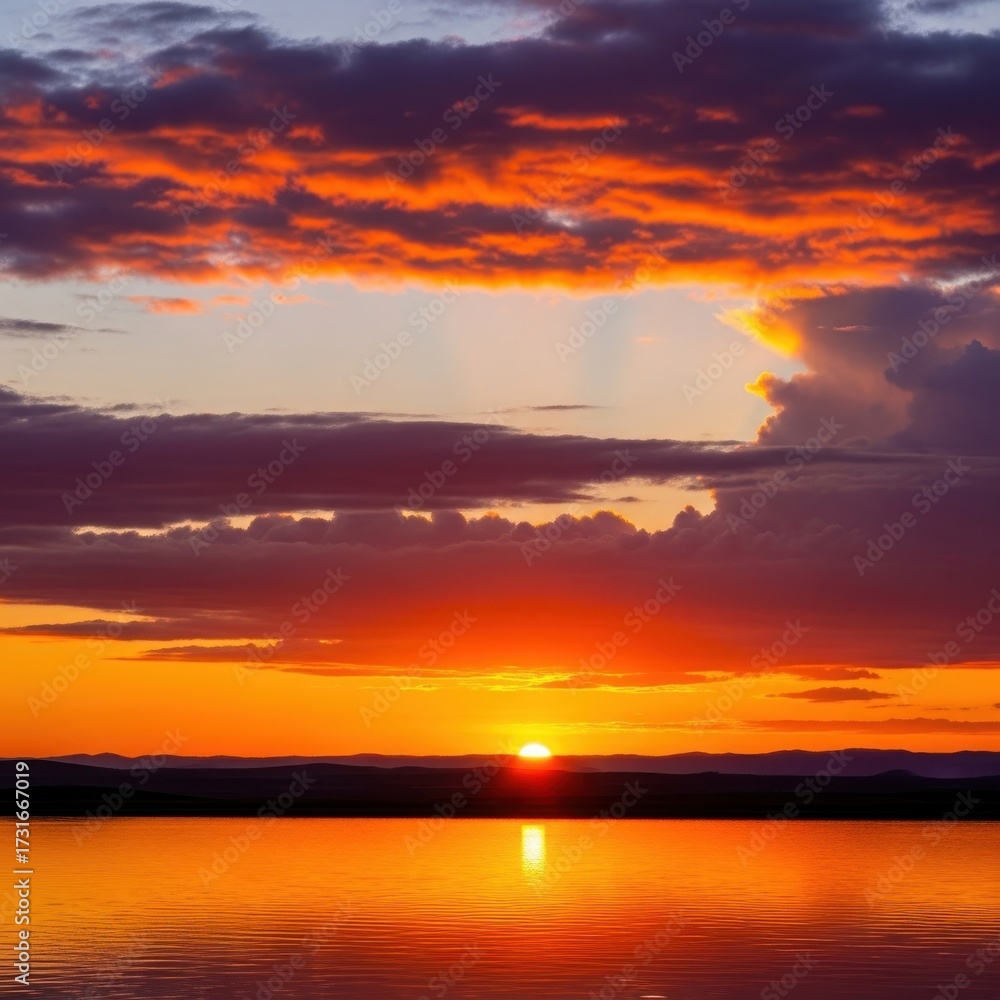 Fototapeta premium Striking panoramic sunset view reflected in serene water landscape
