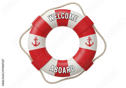 Nautical lifebuoy with Welcome Aboard text, red and white life ring with anchor icons, maritime safety equipment on transparent background PNG