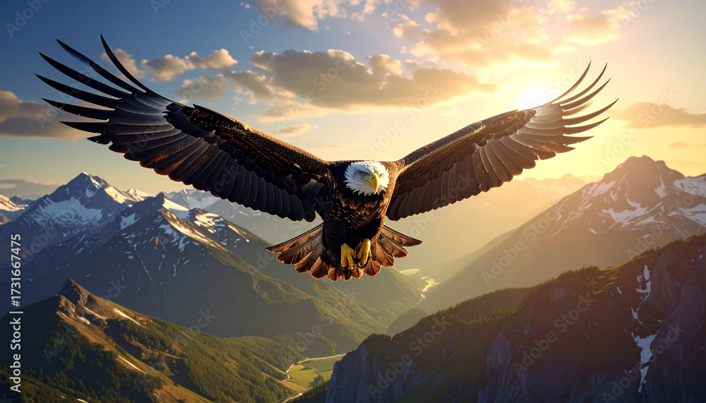 Obraz premium Eagle Soaring Above Mountain Peaks | Ultra-Realistic Cinematic HDR Sky | Majestic Bird in Flight