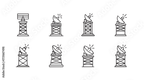 Collection of eight communication tower silhouettes with antennas and dishes silhouette