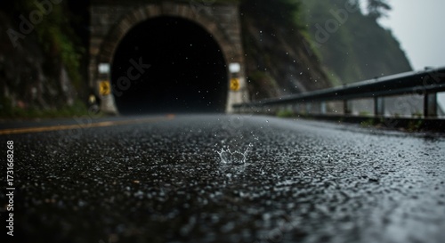 Rain soaked asphalt road leading towards tunnel entrance with water droplets and reflections during daytime