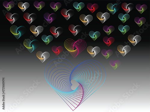 Abstract hearts floating upwards in a gradient background of love and affection