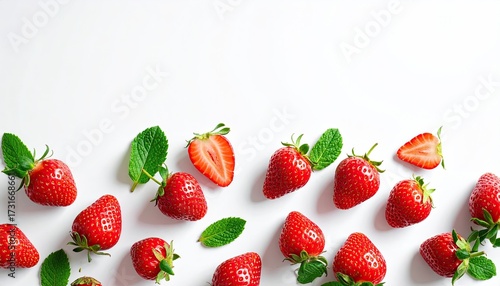 Fresh Red Strawberries and Green Mint Leaves Arranged on Clean White Surface for Healthy Eating Concept Background High Angle Shot