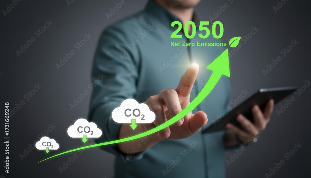 custom made wallpaper toronto digitalPerson in Green Shirt Points to 2050 Net Zero Emissions Graphic on Gray Background