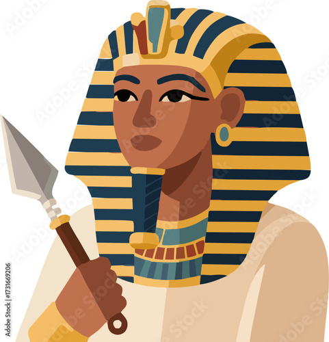Egyptian Pharaoh Holding Spear Vector, King Tut Blue Gold Illustration