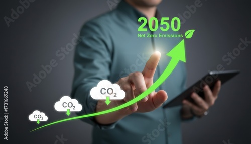 Wallpaper Mural Person in Green Shirt Points to 2050 Net Zero Emissions Graphic on Gray Background Torontodigital.ca