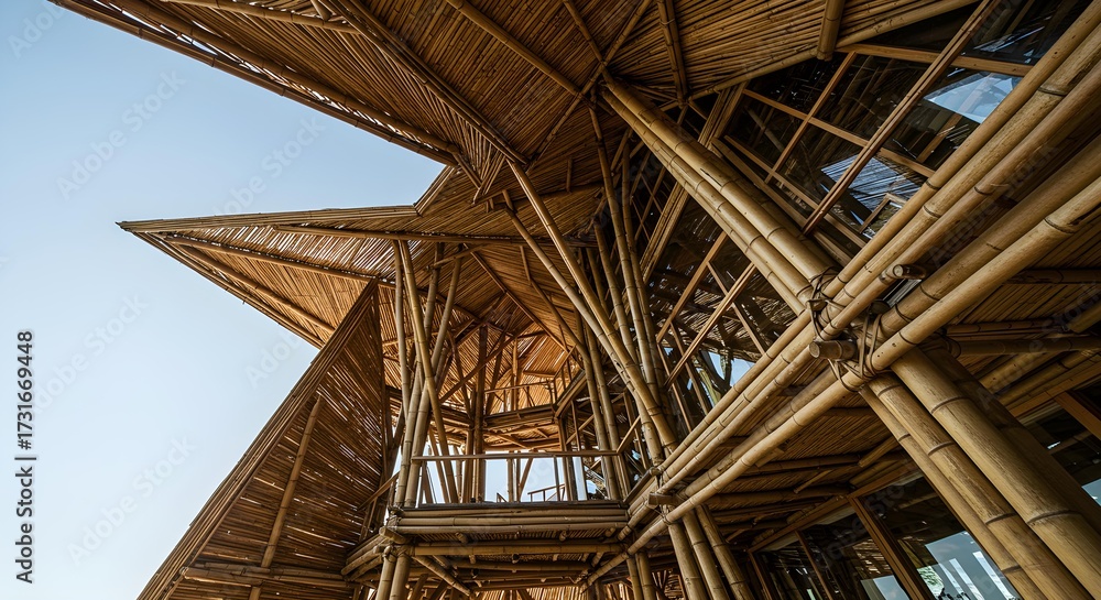 Fototapeta premium A tilted low-angle composition of modern bamboo architecture 