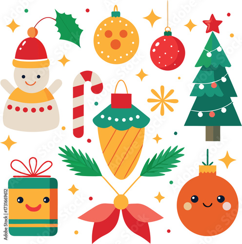 Vector art of a vibrant assortment of christmas elements featuring a cheerful snowman, decorated christmas tree, shiny ornaments, a candy cane, festive gifts, and snowflakes, all presented on a clean
