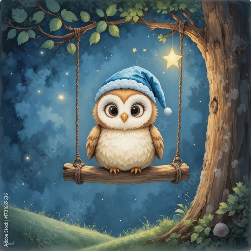 A whimsical scene of a cute owl on a swing, gazing at the starry night sky.