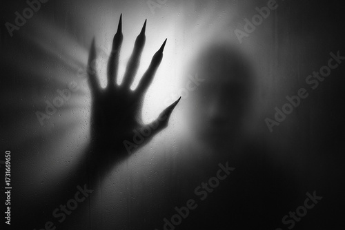 Scary shadow hand with claws on frosted glass gsturing to Stop. Ghost|halloween