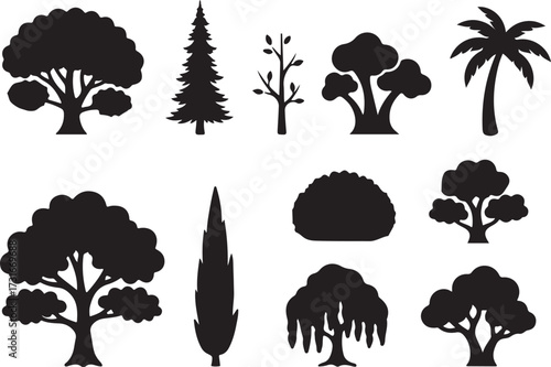 Diverse Silhouettes of Nature's Architects: A collection of stylized tree silhouettes showcasing the variety of forms found in the natural world, from towering conifers to broad-leafed giants.