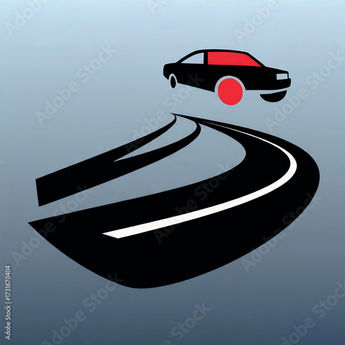Abstract illustration of a car driving on a road that curves upwards, symbolizing progress and ambition