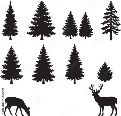 Forest Silhouette Set: A collection of silhouetted evergreens and deer, evoking the serenity of the forest and the elegance of its wildlife, for creating natural and inviting designs.