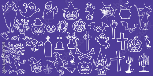 Hand drawn Halloween party icon doodle vector with spooky pumpkin, ghost, bat, witch, cat, crosse, haunted tree, spider web, and graveyard element, perfect for party design, decor, and festive art.