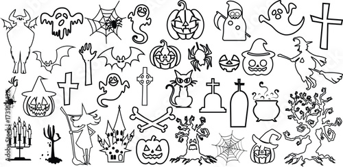 Hand drawn Halloween party icon doodle vector with spooky pumpkin, ghost, bat, witch, cat, crosse, haunted tree, spider web, and graveyard element, perfect for party design, decor, and festive art.