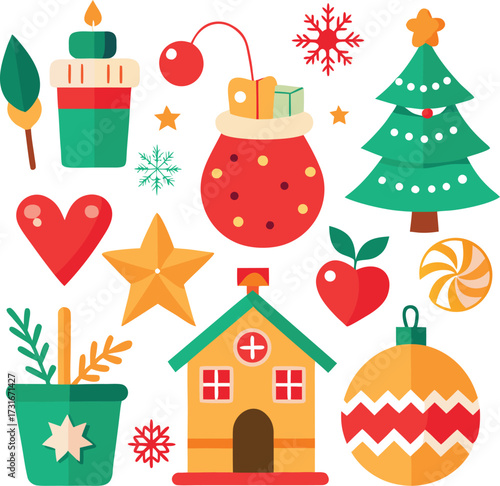 Vector art of a collection of festive christmas icons including a decorated christmas tree, gift bag, snowflake, heart, star, house, and candle, all isolated on a