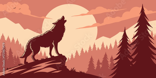 Vector illustration of a wolf howling atop a rocky outcrop at sunrise. Include forest in background, warm sky colors, realistic fur texture, minimal extra elements, cinematic wildlife poster style.