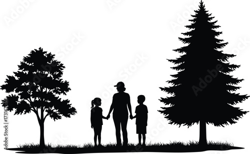 PrintFamily silhouette illustration, mother holding children hands, outdoor bonding scene, nature background trees, parenting love, childhood connection, black white artwork, vector design