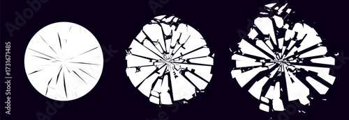 Broken Glass Circles with Cracks. Abstract Comic Book Flash Explosion Blast Radial Lines. Shattered, Fractured and Broken Geometric Circles. Damaged Texture. Vector Illustration.