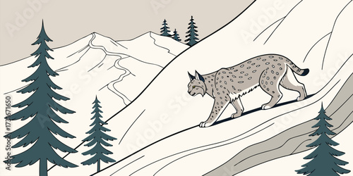 Vector poster of a lynx walking cautiously on a snowy mountain slope. Include snow texture, sparse pine trees, realistic fur patterns, subtle shadows, minimal distractions, cinematic composition.