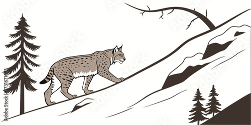 Vector poster of a lynx walking cautiously on a snowy mountain slope. Include snow texture, sparse pine trees, realistic fur patterns, subtle shadows, minimal distractions, cinematic composition.