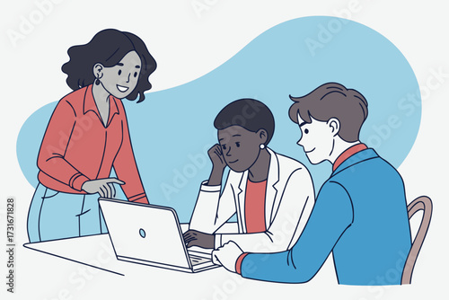 business people working together. Teacher helping students with a laptop in a classroom, vector design. Office group work vector . People working on leptop in group.