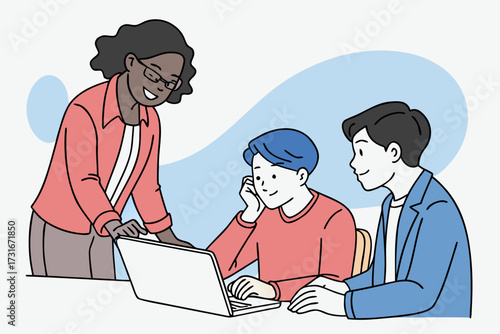business people working together. Teacher helping students with a laptop in a classroom, vector design. Office group work vector . People working on leptop in group.