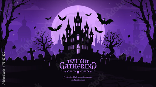 Happy halloween banner or party invitation background with violet fog clouds and pumpkins	