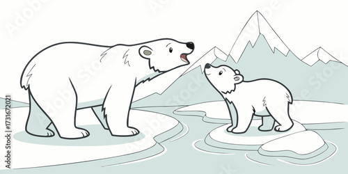Vector illustration of two polar bear cubs playfully interacting on snowy ice. Include snow texture, minimal icy mountains in background, soft light, focus on cubs’ expressions, clean composition.