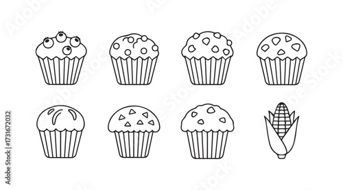 Collection of eight hand drawn cupcakes and one corn cob silhouette