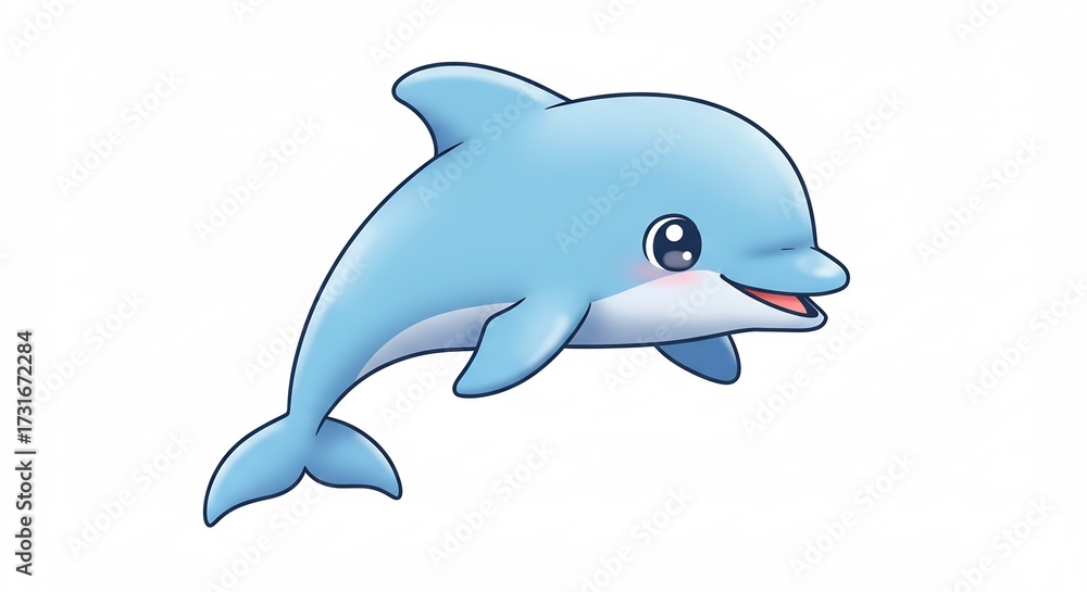 Fototapeta premium 白い背景で笑顔で泳ぐ水色の可愛いイルカイラスト優しい光と明るい表情が特徴のキュートな動物デザイン. AI Generated
